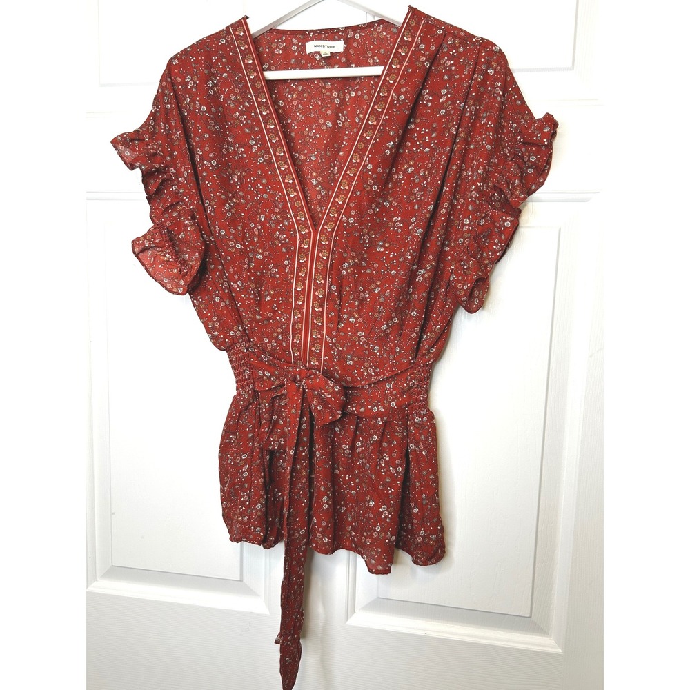 Max Studio Floral Blouse XL Boho Ditsy Print Scoop Neck